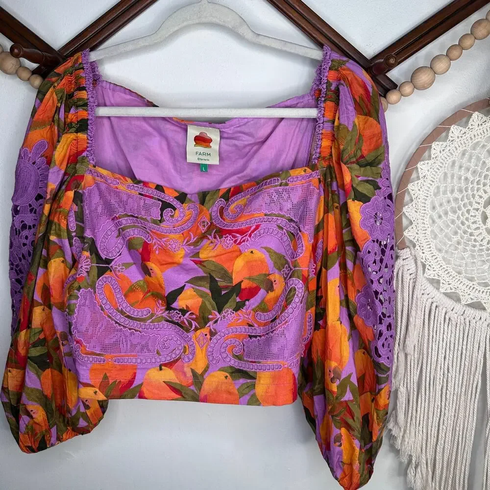 Farm Rio Mango Macaw Tropical Pattern Puff Sleeve Crop Top